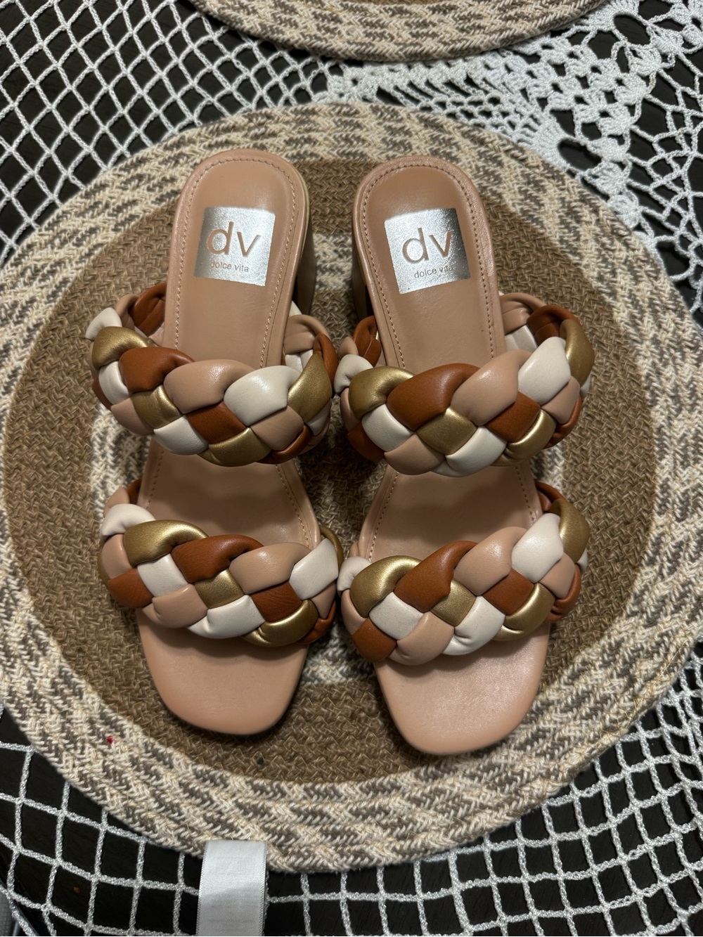 DV by Dolce Vita Braided Multi-Color Slide Mules in Tan, Cream & Gold